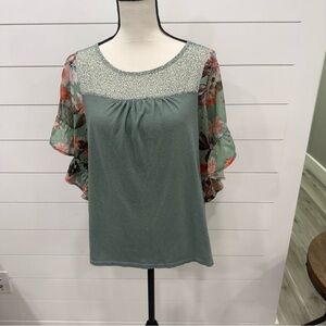 Umgee Teal and Floral Blouse with Sparkle Yoke